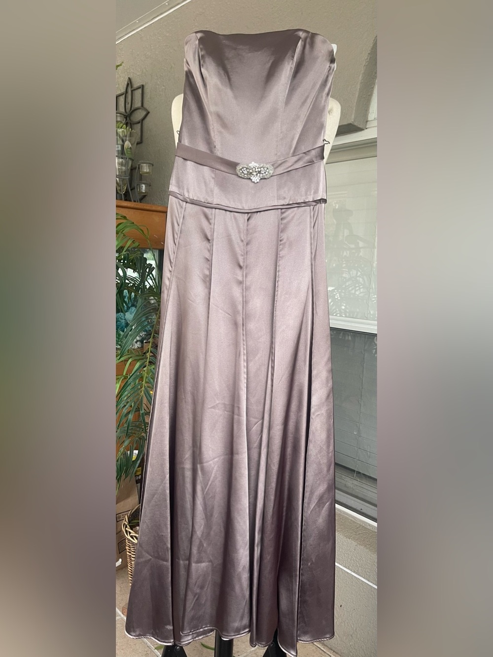Dessy Collection Satin Maxi Skirt with Rhinestone Belt - Taupe